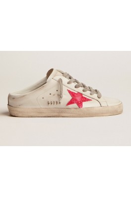 GOLDEN GOOSE SABOT Leather Upper with Pink fluo Glitter Star and Metal Lettering