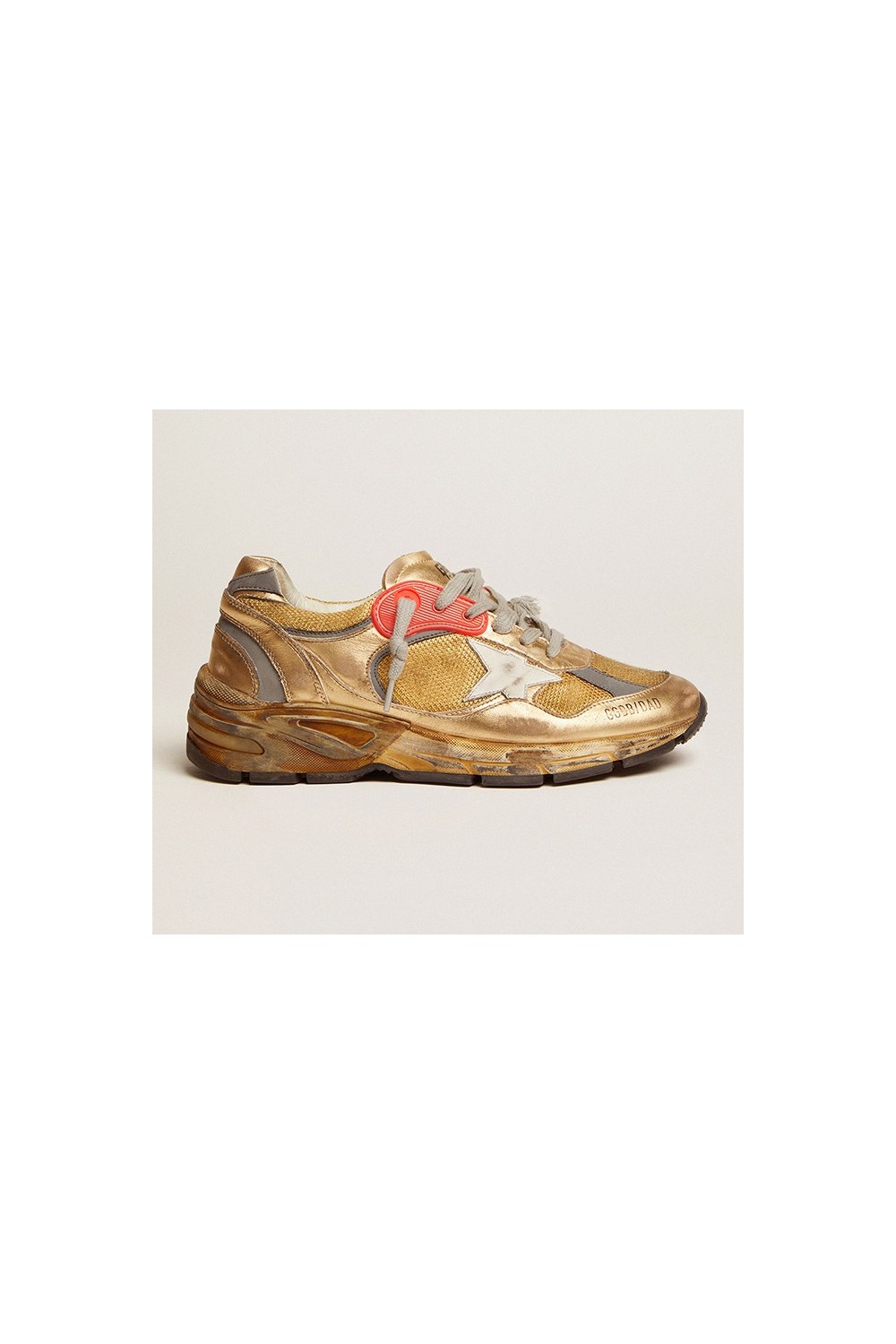 GOLDEN GOOSE RUNNING DAD NET and LAMINATED UPPER Leather STAR col. Gold ...